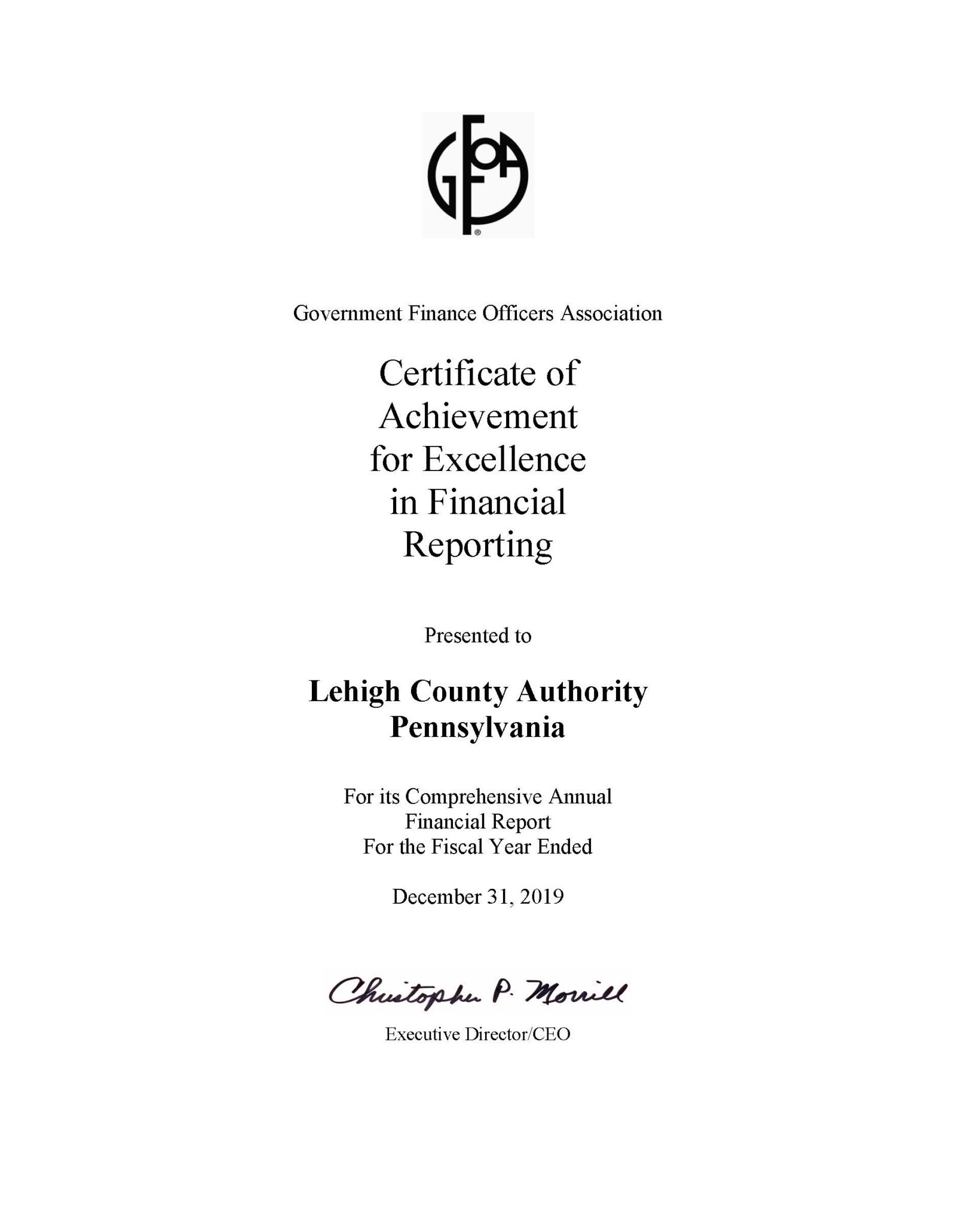 A picture of Excellence in Financial Reporting Award. ehigh County Authority was honored for the sixth year in a row with an award for Excellence in Financial Reporting.