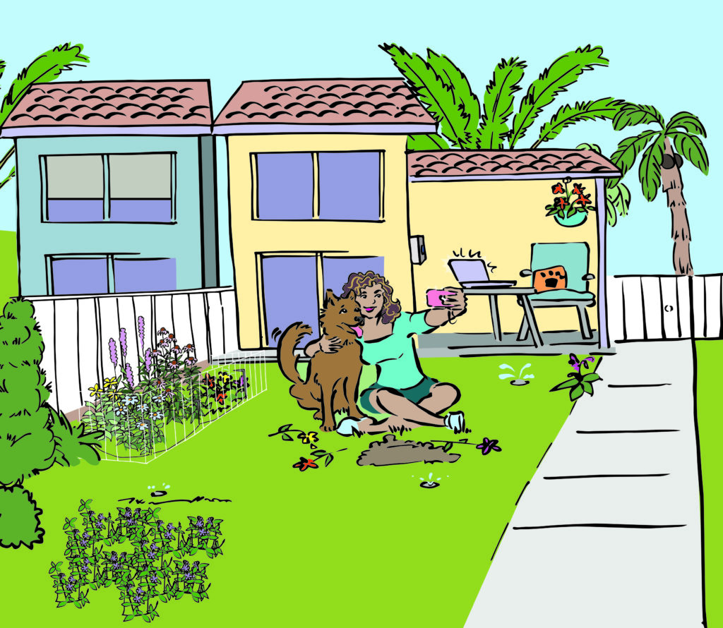 An illustration of a woman taking a selfie with her dog, , to illustrate an LCA blog post on creating a water-saving landscape.