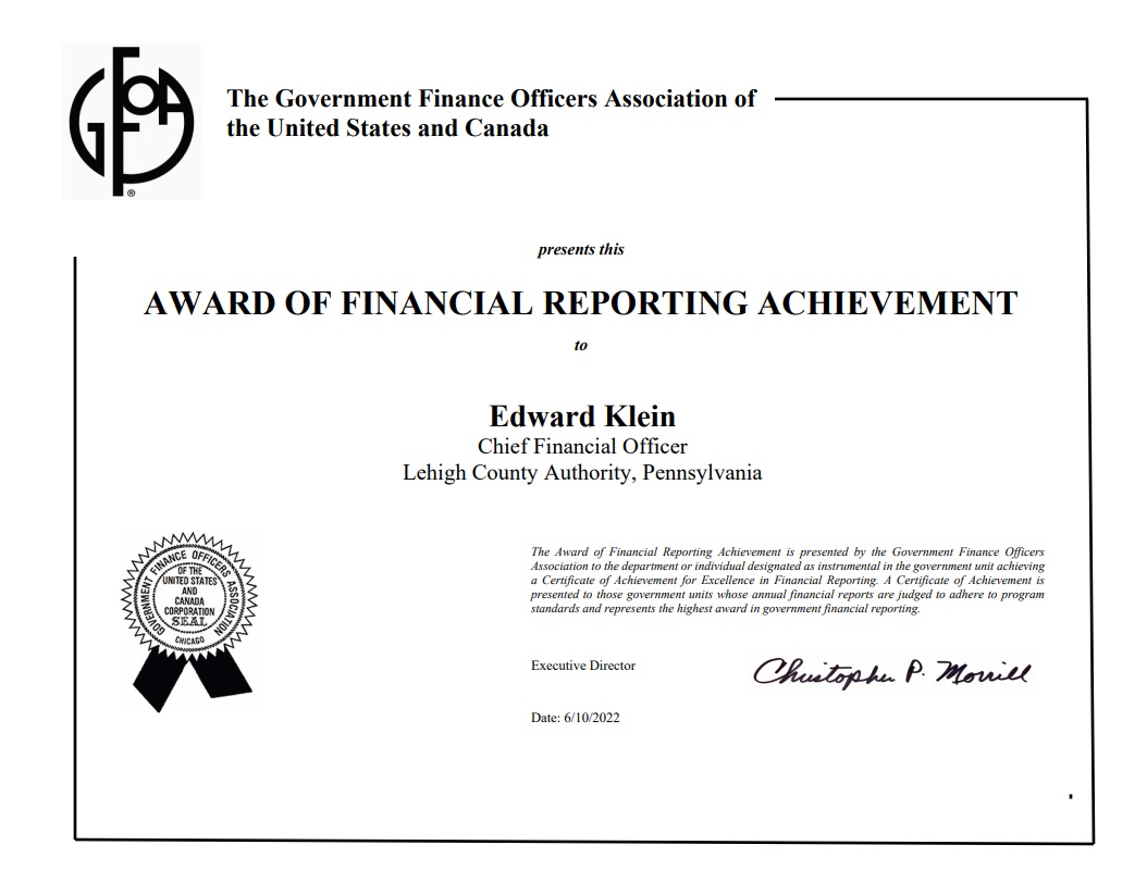 An image of Lehigh County Authority's seventh Excellence in Financial Reporting award.