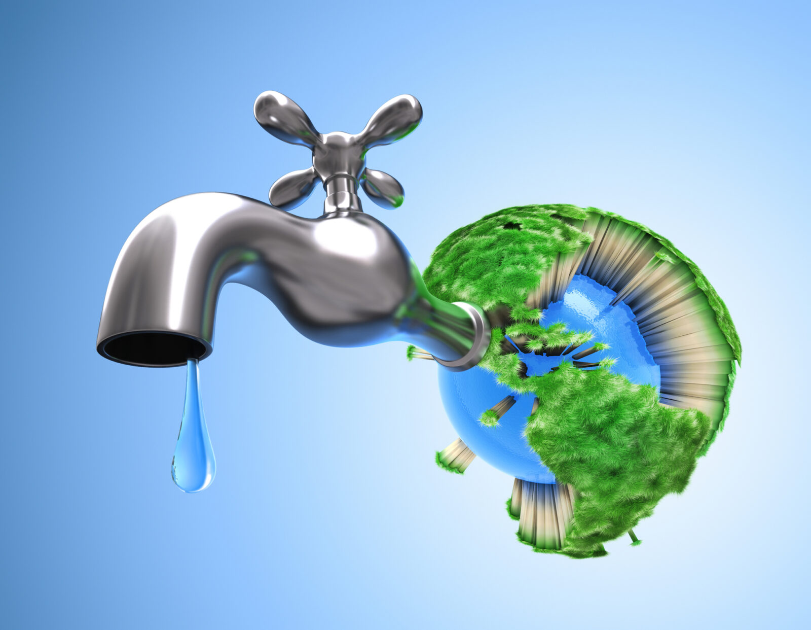 A cartoon image of a tap inserted into a drying planet earth, for an LCA post on Imagine a Day Without Water