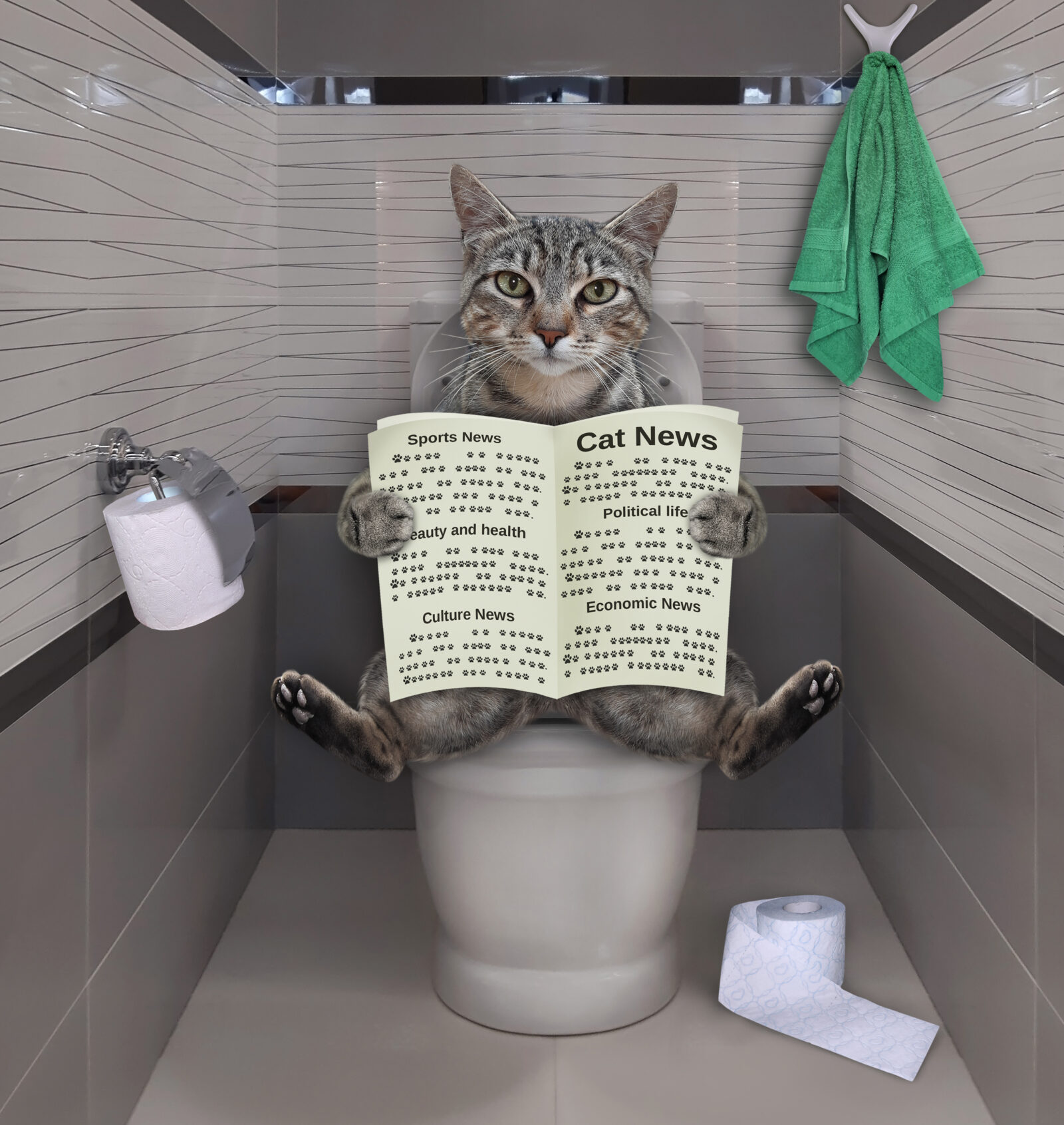 A picture of a cat on a toilet seat reading a newspaper, for an LCA post on World Toilet Day