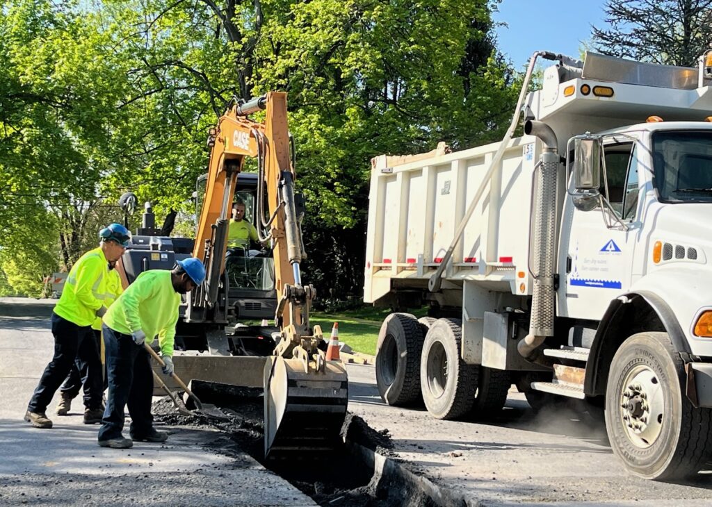 A picture of an LCA crew working on a water main replacement project along Gordon Street in Allentown, for a Drinking Water Week blog post by LCA. 