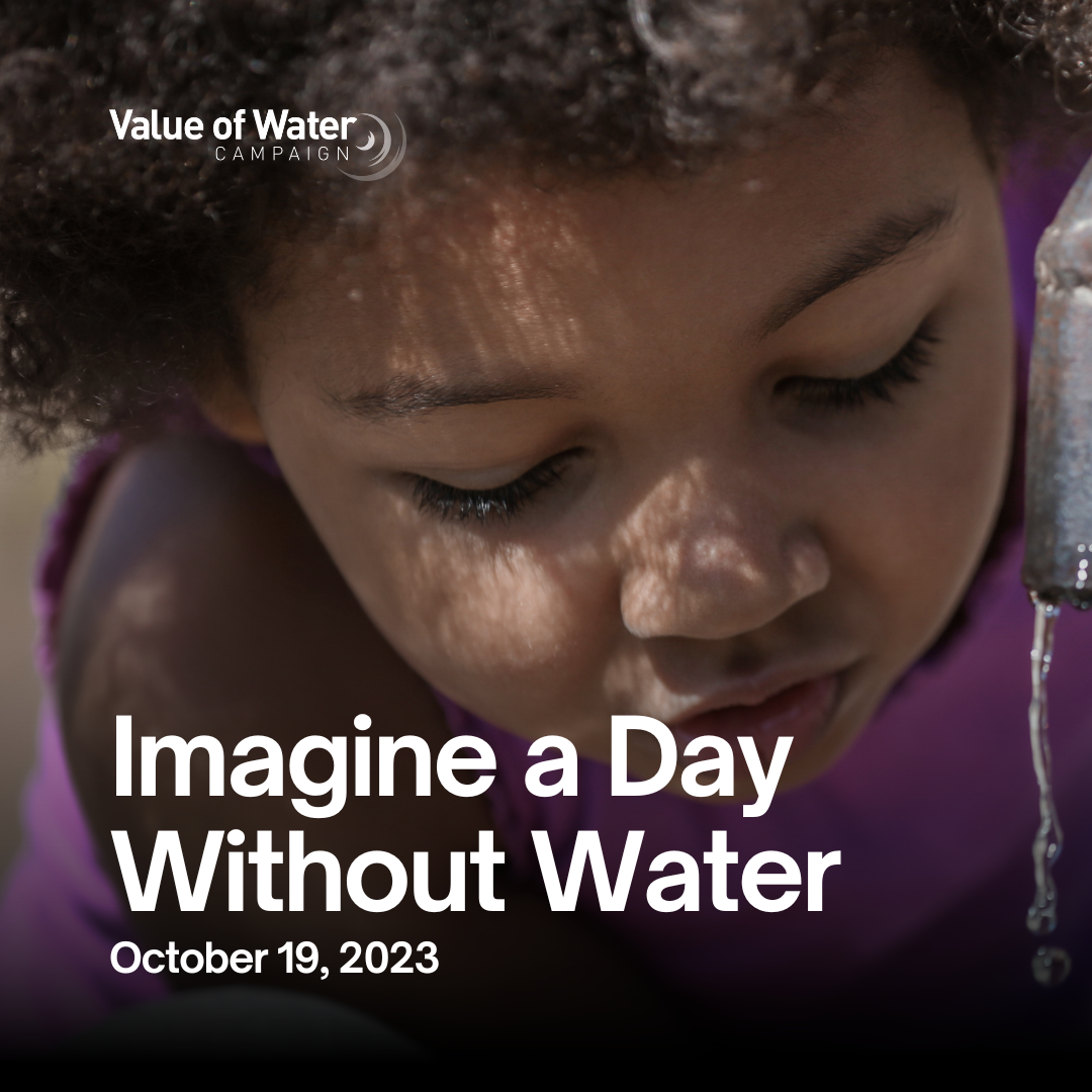A picture of a young Black girl trying to get a drink from a faucet that has just a trickle of water flowing out, for an LCA post on Imagine a Day Without Water.