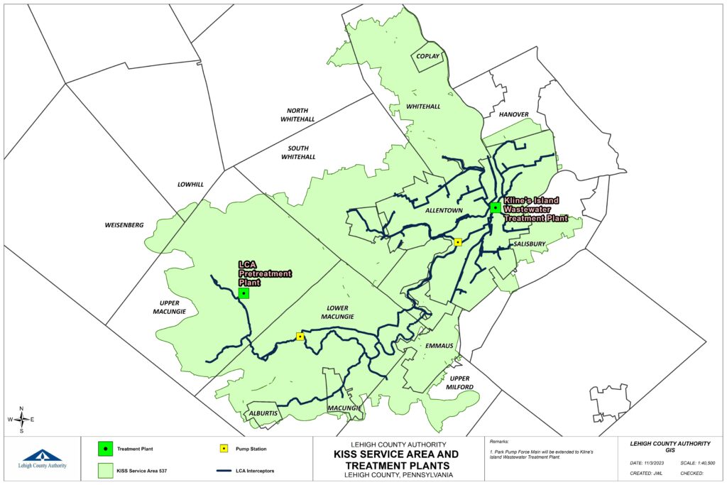 Map of the KISS service area with interceptor lines and treatment plant locations.