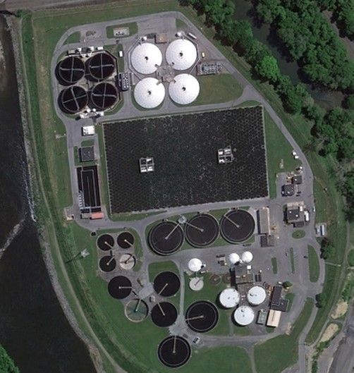 An Aerial Photo of the Kline's Island Wastewater Treatment plant, to accompany a story about LCA's CEO being interviewed on Good Morning Lehigh Valley.