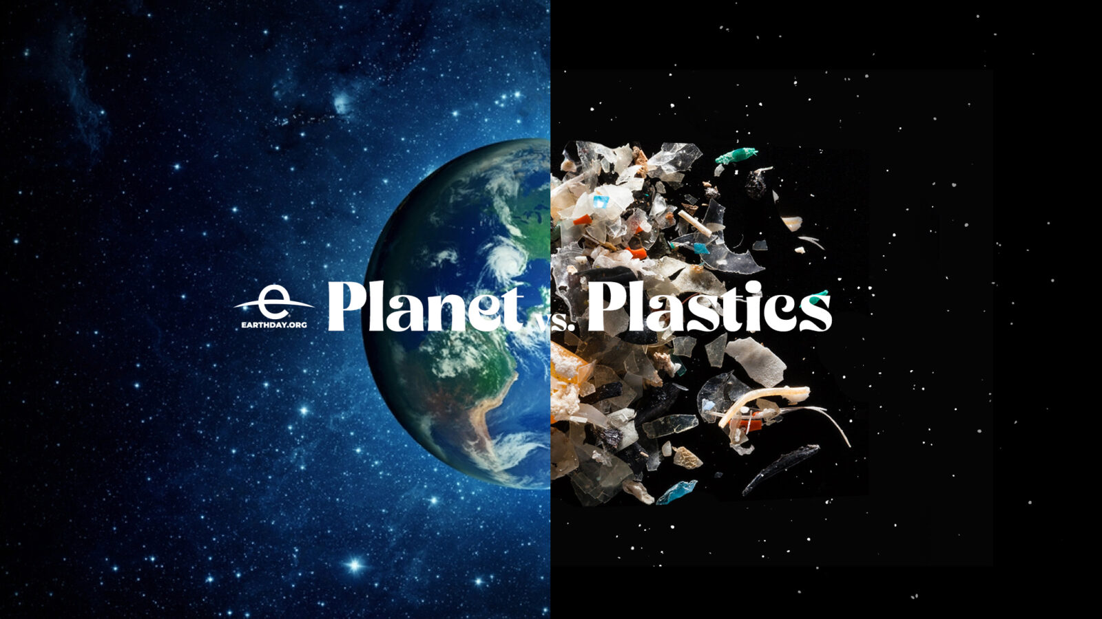 An image featuring a view of the planet Earth from space. Half of the planet looks normal; the other half is plastic trash exploding out of the planet and into space.