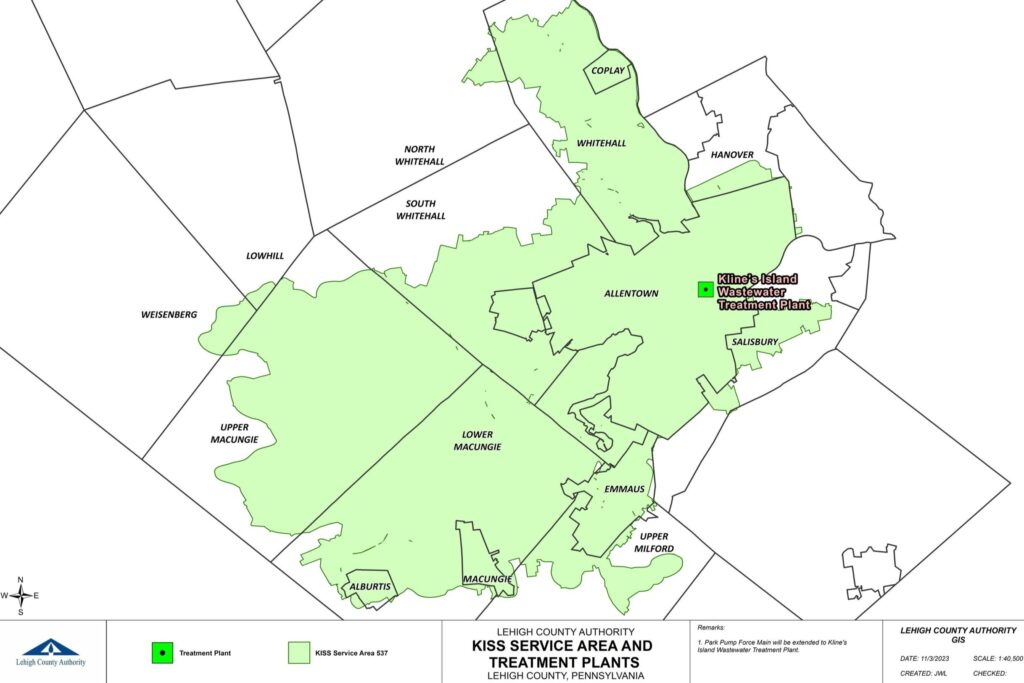 A map of the area served by Lehigh County Authority's Kline's Island Sewer System (KISS), to illustrate an LCA blog post about CEO Liesel Gross's Good Morning Lehigh Valley Interview about infrastructure upgrades and lead service line removal.