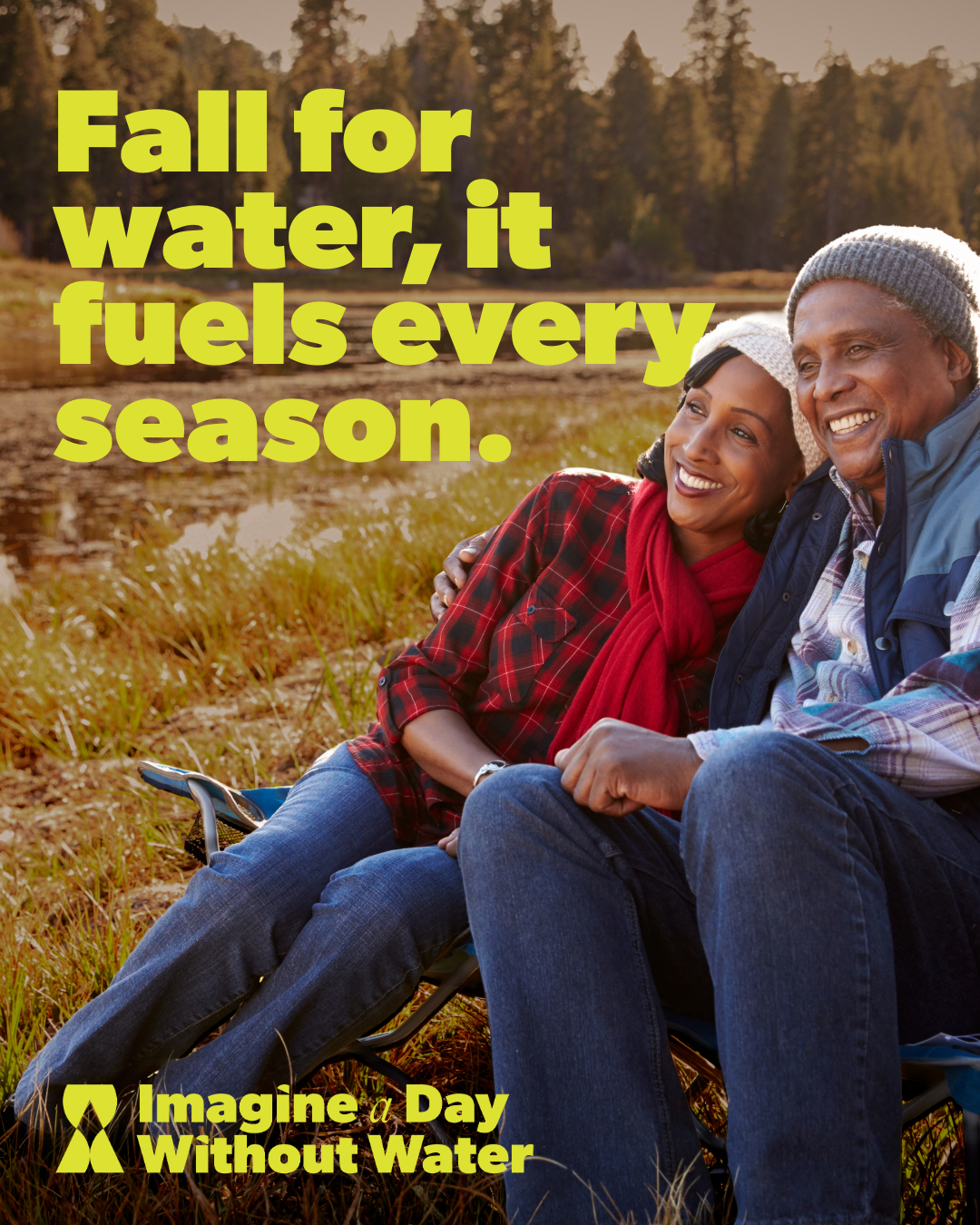 A picture of an African American couple sitting on a straw bale enjoying the outdoor scenery on a fall day, to illustrate an LCA blog post about Imagine a Day Without Water.